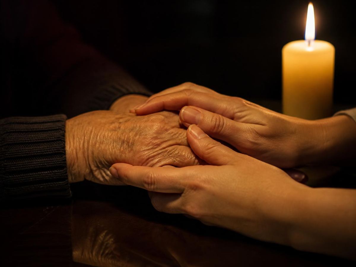 Two hands held gently together by candlelight