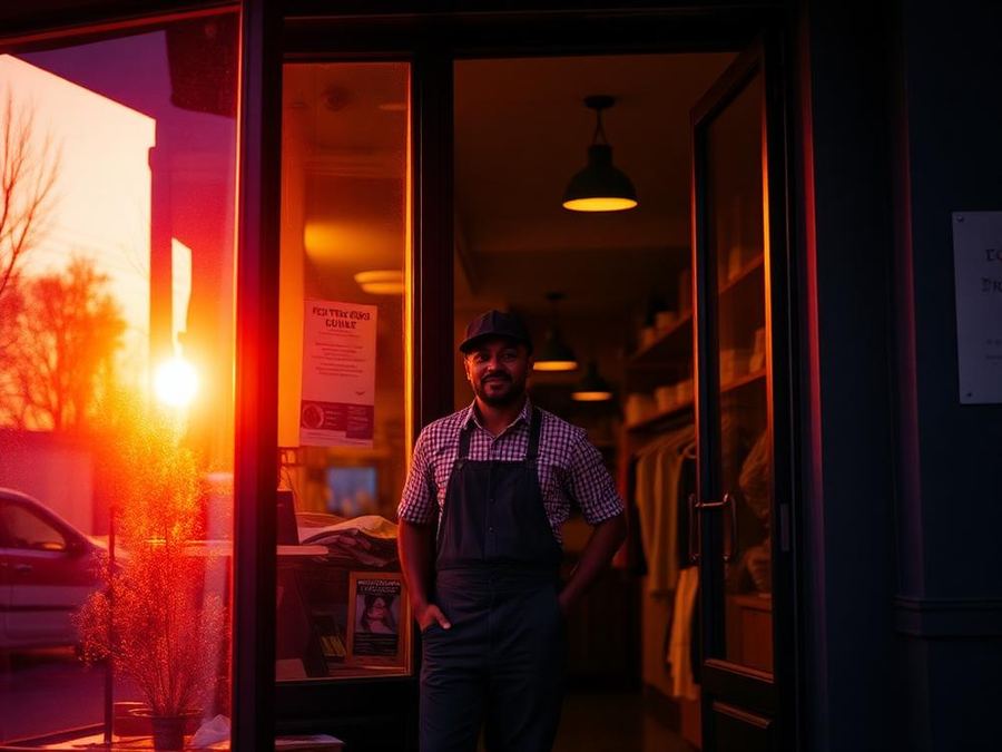A shop owner standing in their storefront at golden hour