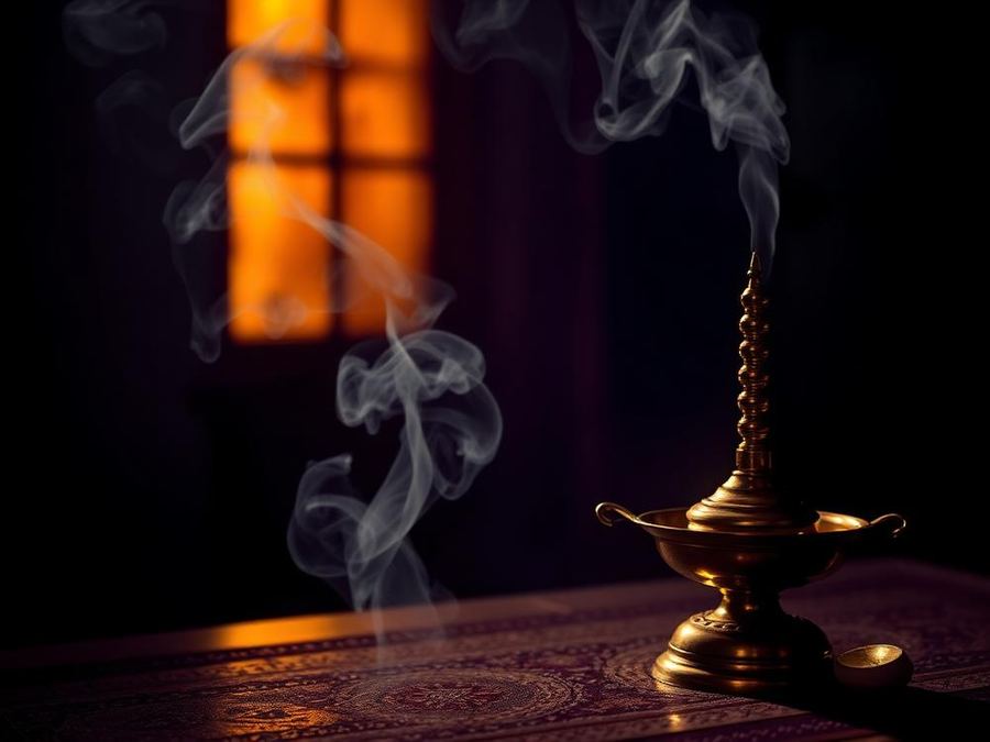 Sage smoke rising from a brass oil lamp
