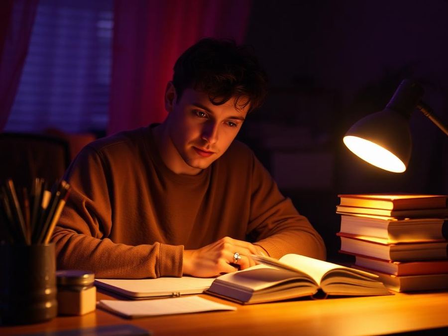 A student studying at a desk by lamplight