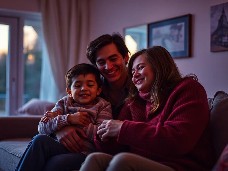A family together at home in warm evening light
