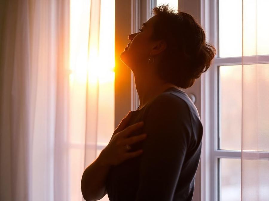 A person standing calmly at a window in morning light