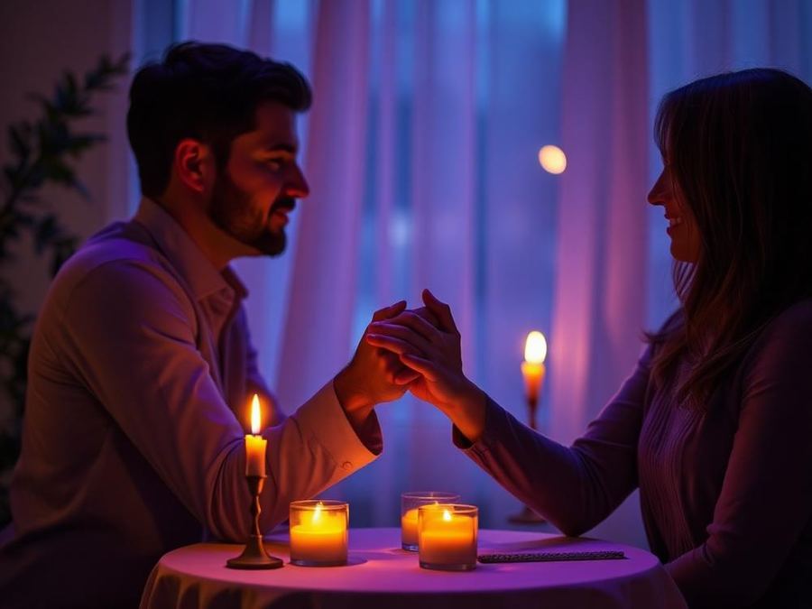 A couple holding hands by candlelight