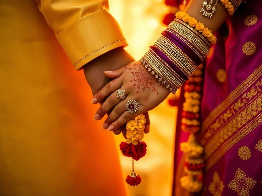 Bride and groom holding hands with traditional jewellery