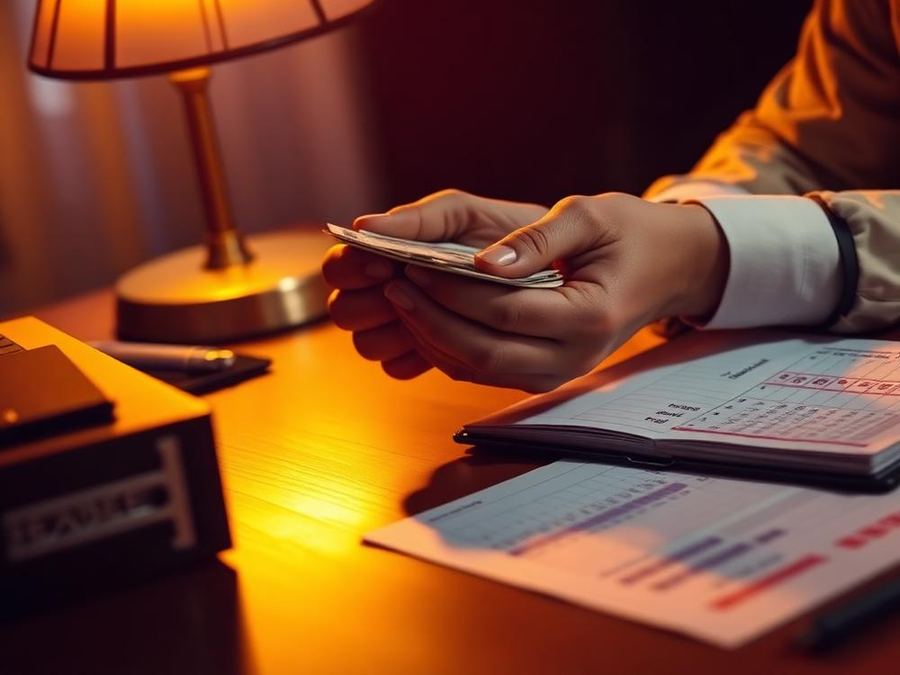 Hands counting money beside a ledger under a warm lamp